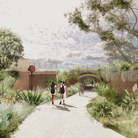 Artist impression of walkers and bike riders using a plant-adorned path leading into a tunnel